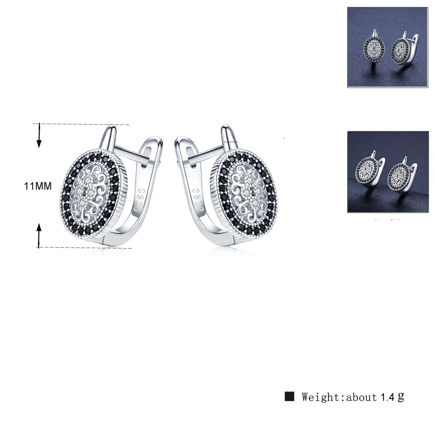 S925 Vintage Medallion Earrings – Sterling Silver Black & Clear Zircon Hoops