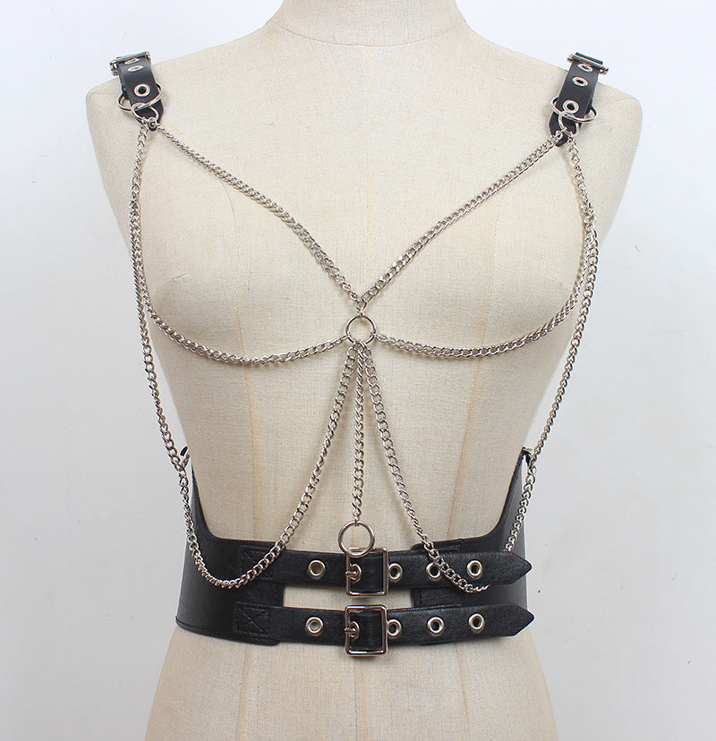Gothic PU Leather Harness Belt with Chains – Adjustable Double Buckle Waist Corset and Shoulder Straps