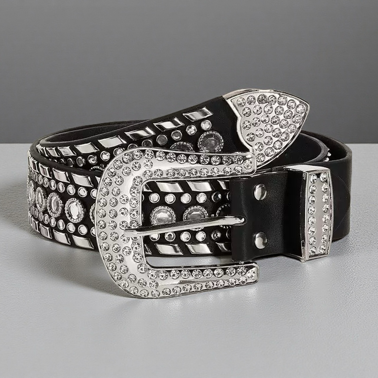 PU Leather Belt Punk Cowboy Women Rhinestone Belt for Pants Jeans Lady Girls black