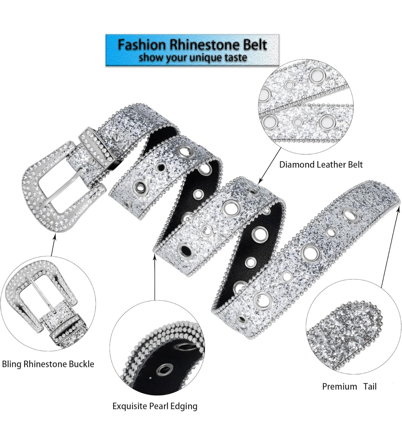 Rhinestone Belt for Women Men - Sequin Diamond Western Cowgirl Belts - Bling Studded Belts for Jeans Pants