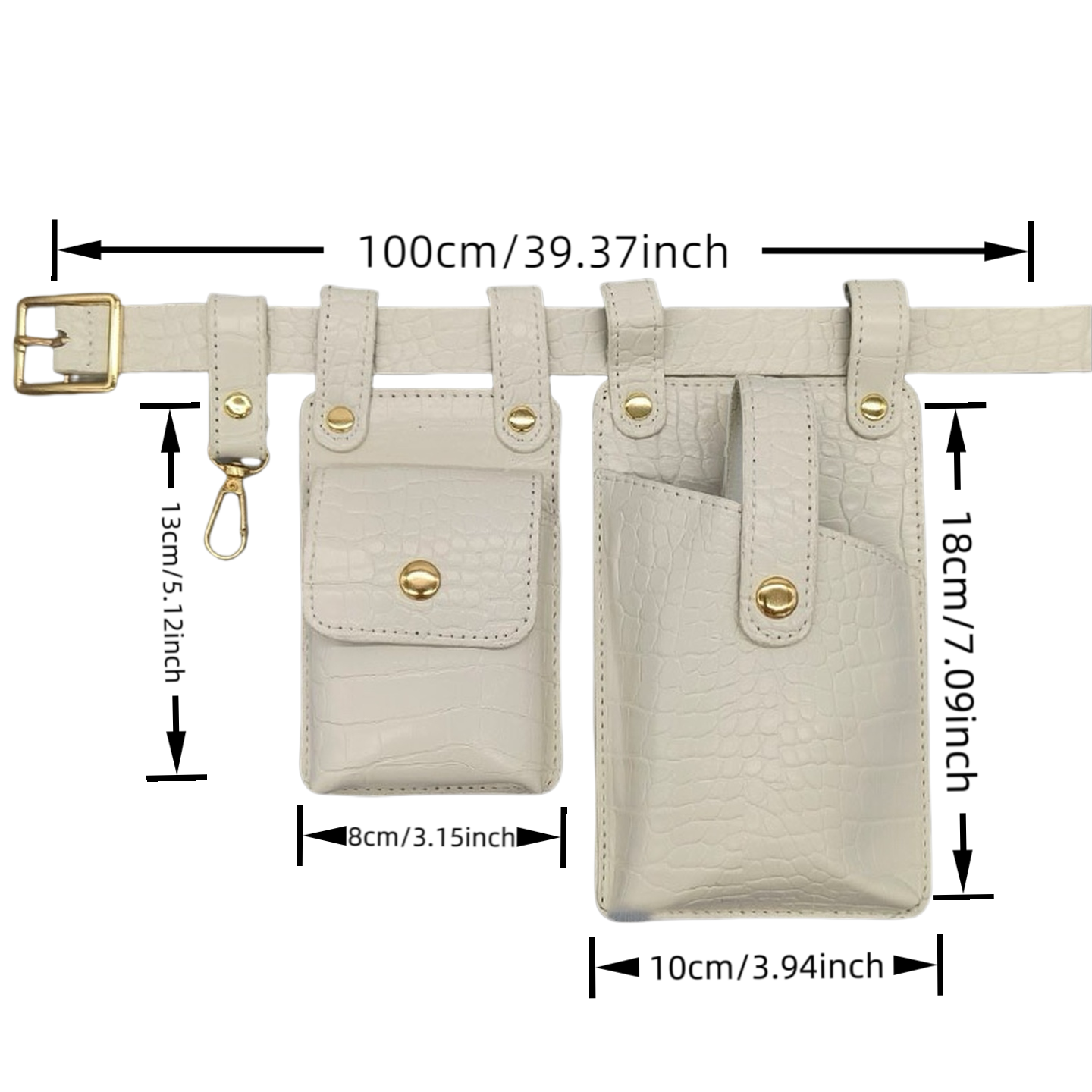 White Croc PU Leather Belt Bag – Multi-Pouch Utility Waist Bag with Gold Hardware