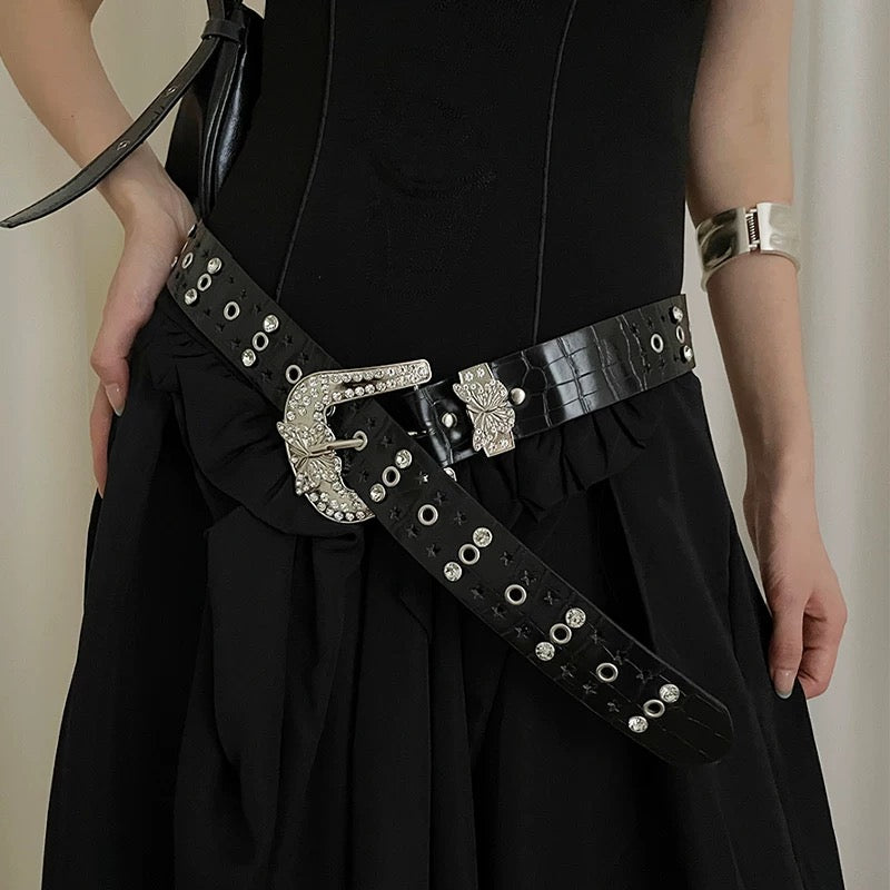 Western Rhinestone Belt for Men & Women Black Adjustable Faux Leather with Butterfly Buckle & Star Cutouts for Cowgirl & Y2K Fashion PU Leather Easy to Use Cuttable Design Perfect Length Gift Idea