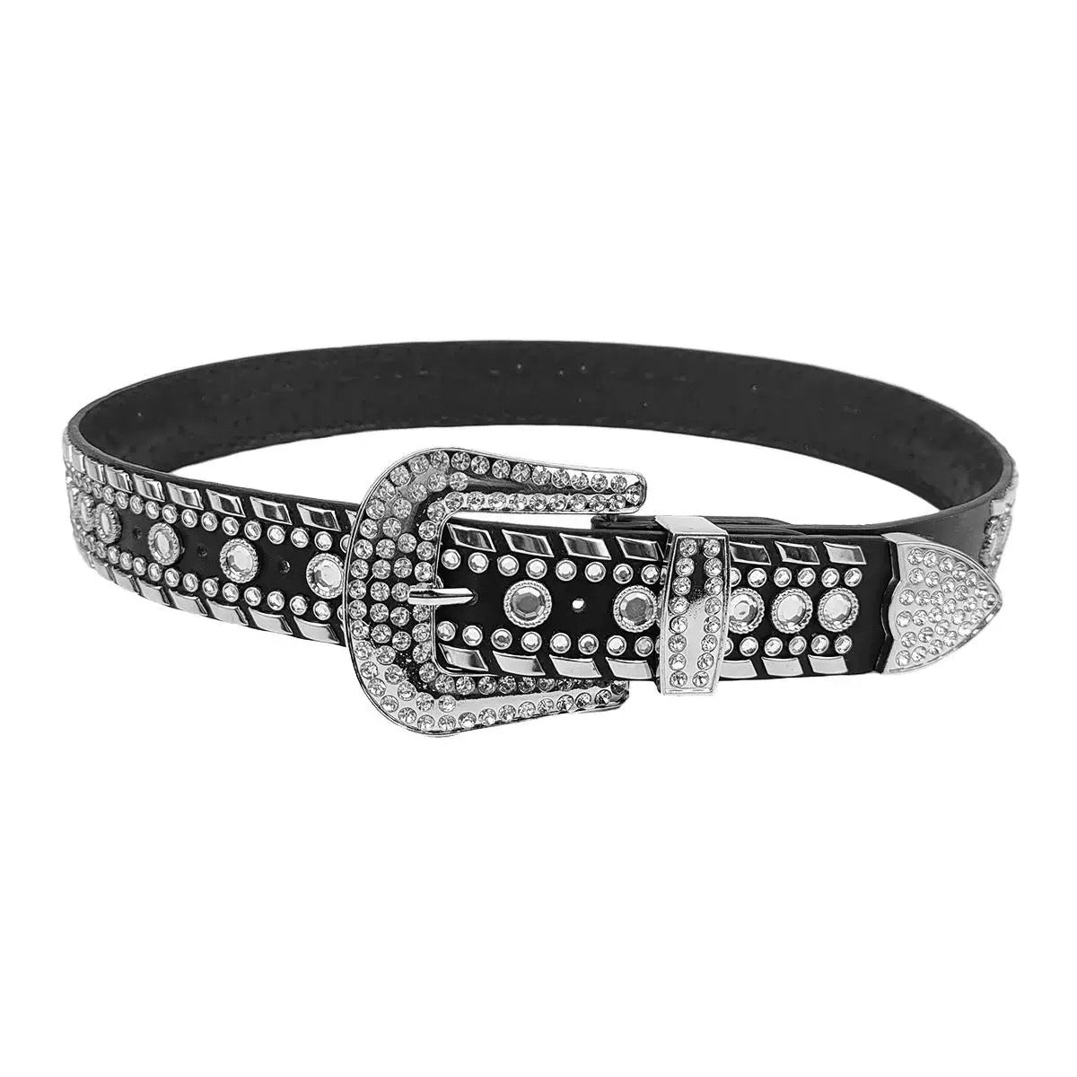 PU Leather Belt Punk Cowboy Women Rhinestone Belt for Pants Jeans Lady Girls black