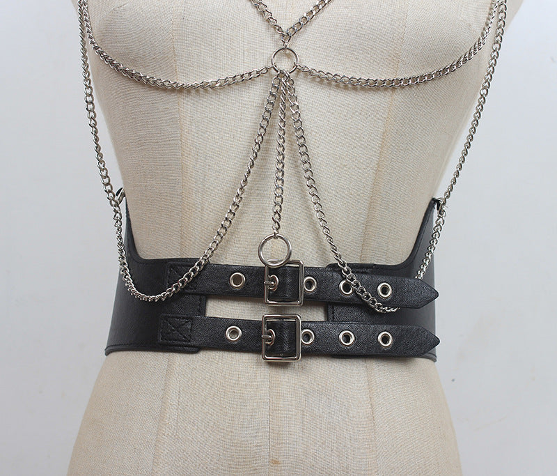 Gothic PU Leather Harness Belt with Chains – Adjustable Double Buckle Waist Corset and Shoulder Straps