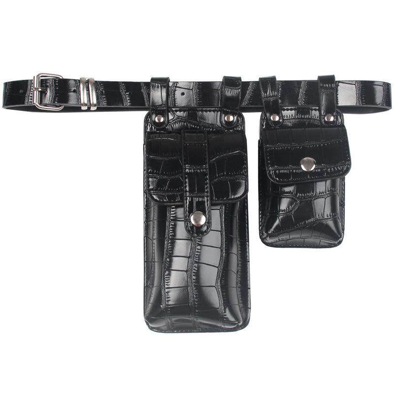 Black Croc PU Utility Belt Bag – Dual Pouch Waist Bag with Silver Hardware