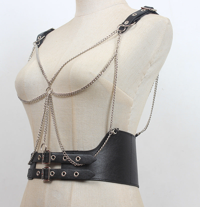 Gothic PU Leather Harness Belt with Chains – Adjustable Double Buckle Waist Corset and Shoulder Straps