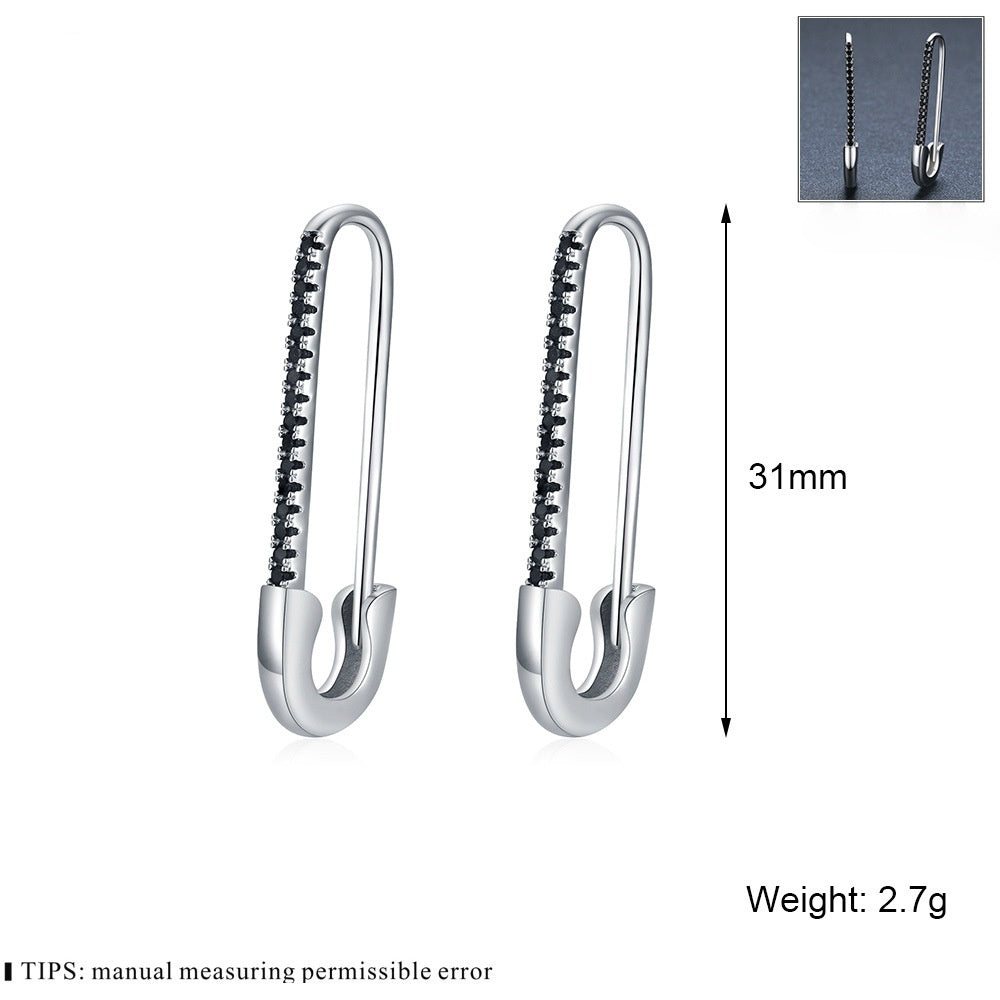 Black Zircon Safety Pin Earrings – Punk-Inspired Drop Hoops (Unisex)
