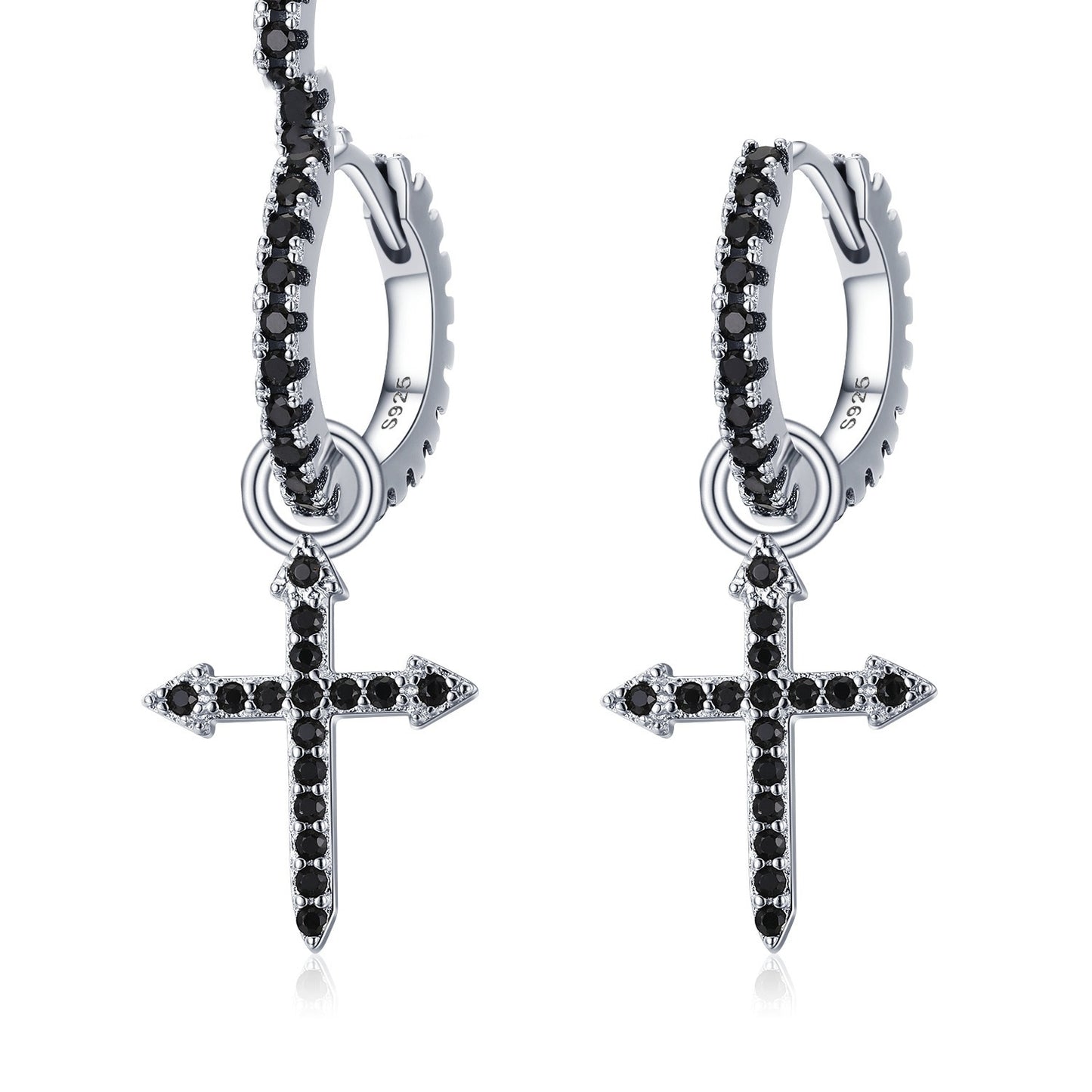 S925 Black Zircon Cross Dangle Earrings – Sterling Silver Punk Huggie Hoops (Unisex)