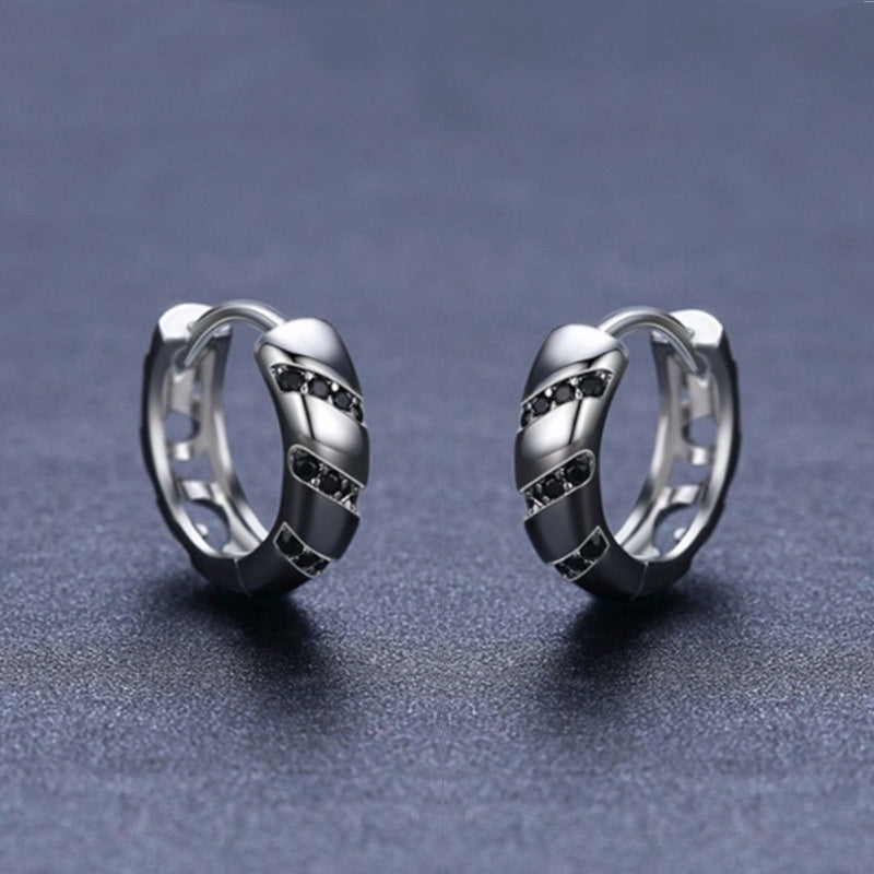 Black Zircon Stripe Hoop Earrings – Polished Silver Huggie Style (Unisex)