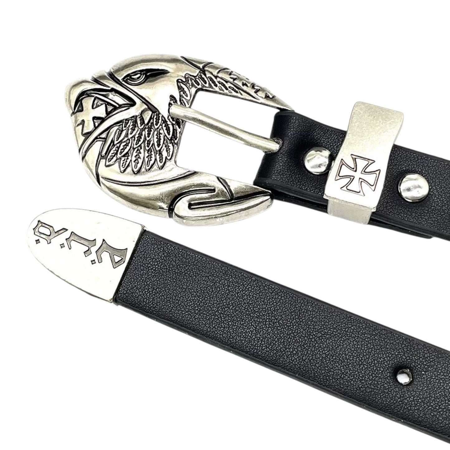 Black PU Studded Punk Belt – Eagle Buckle & Cross Emblem Hardware (Unisex)