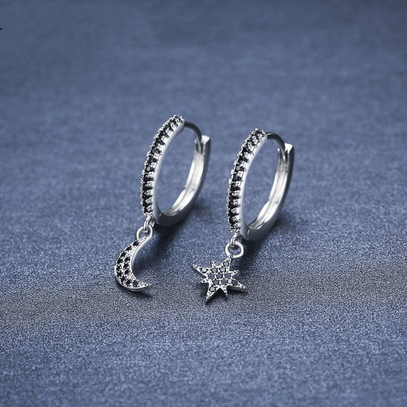 Star & Moon Drop Earrings - Silver Asymmetrical Black Zircon Hoops