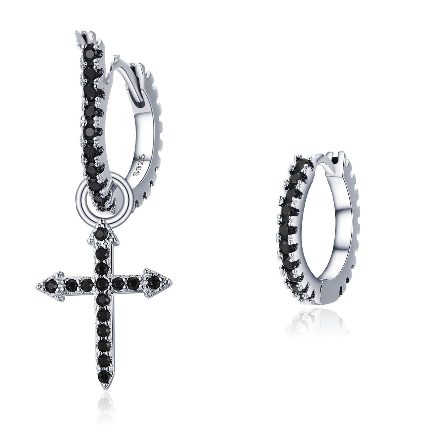 S925 Black Zircon Cross Dangle Earrings – Sterling Silver Punk Huggie Hoops (Unisex)