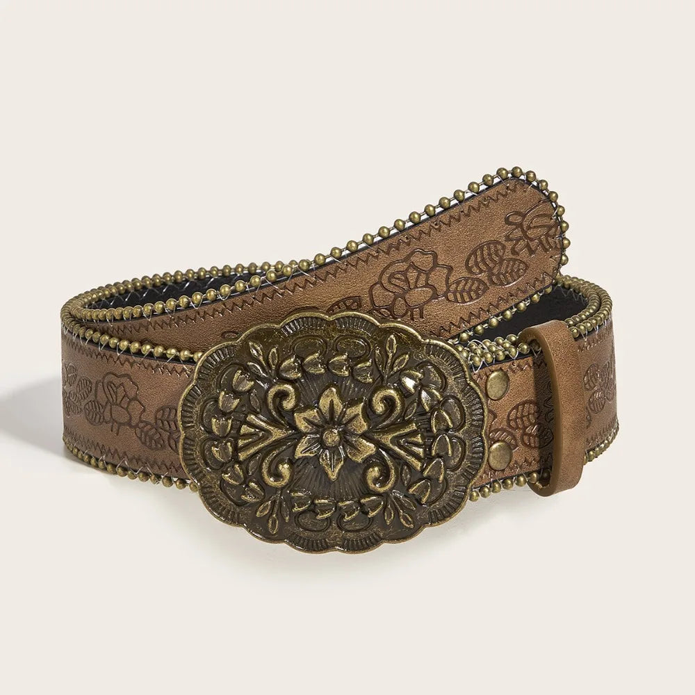 Fashion Adjustable Women Belt Vintage PU Leather Cowboy Belt Engraved-Buckle Boho Western Belt for Jeans Pants Dresses