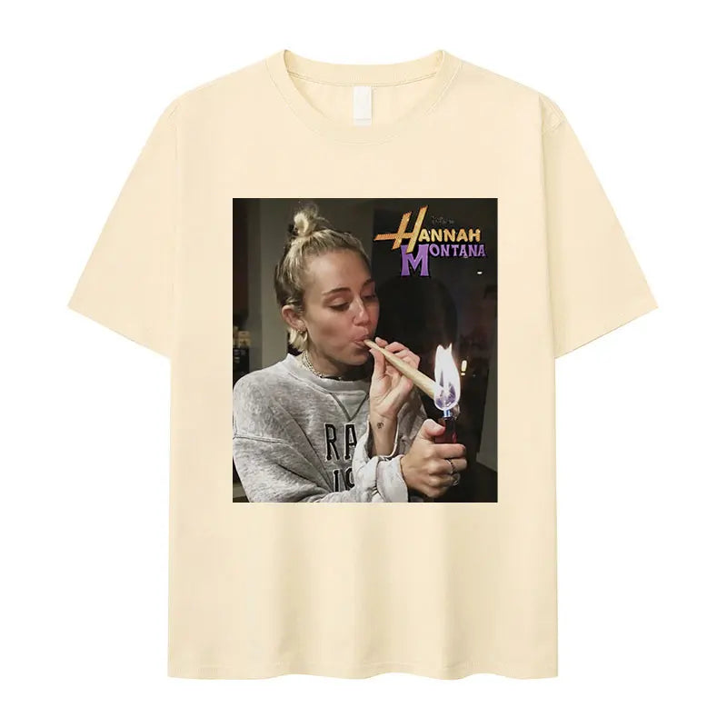 Miley Cyrus Funny Smoking T Shirt Hannah Montana Aesthetic Vintage T-shirt Men Women Summer Oversized Cotton Tshirt Tops Clothes