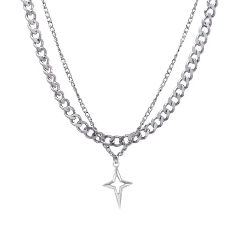 (Copy) Double Layered Cuban Star Pendant Necklace for Man Titanium Steel Hip-Hop Design Collarbone Chain Unisex Jewelry Wholesale