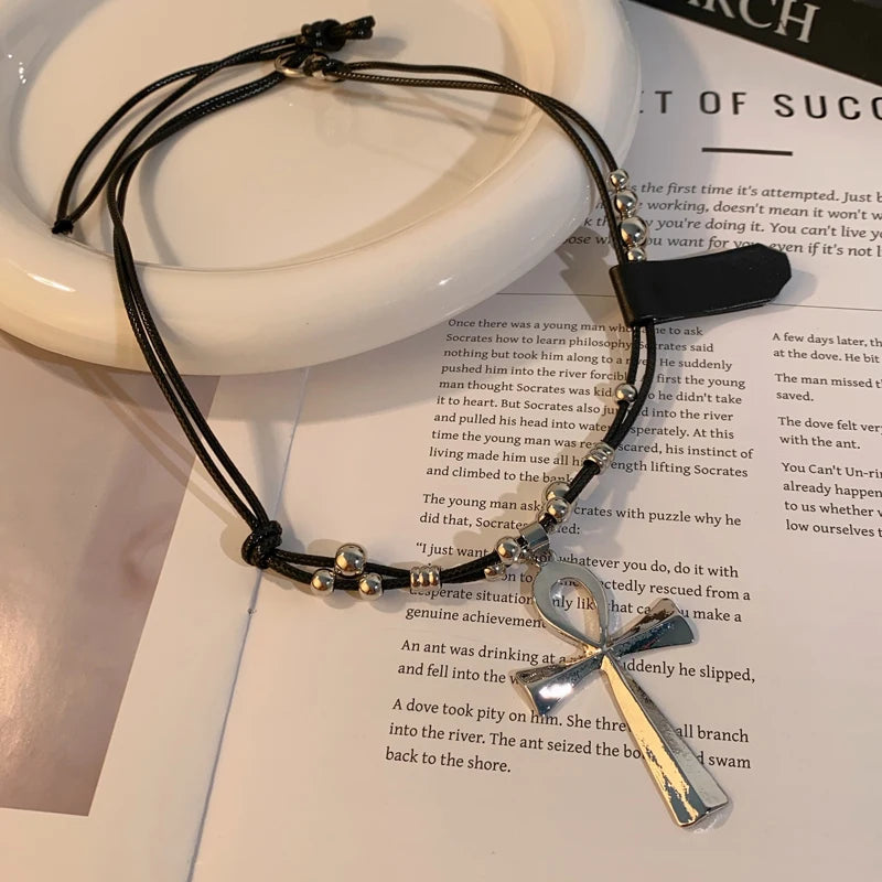 (Copy) Y2K Retro Metal Cross Pendant Necklaces for Women Girls Punk Gothic Black Rope Long Sweater Chain Necklace Jewelry Party Gifts