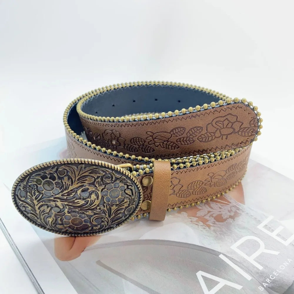 Fashion Adjustable Women Belt Vintage PU Leather Cowboy Belt Engraved-Buckle Boho Western Belt for Jeans Pants Dresses