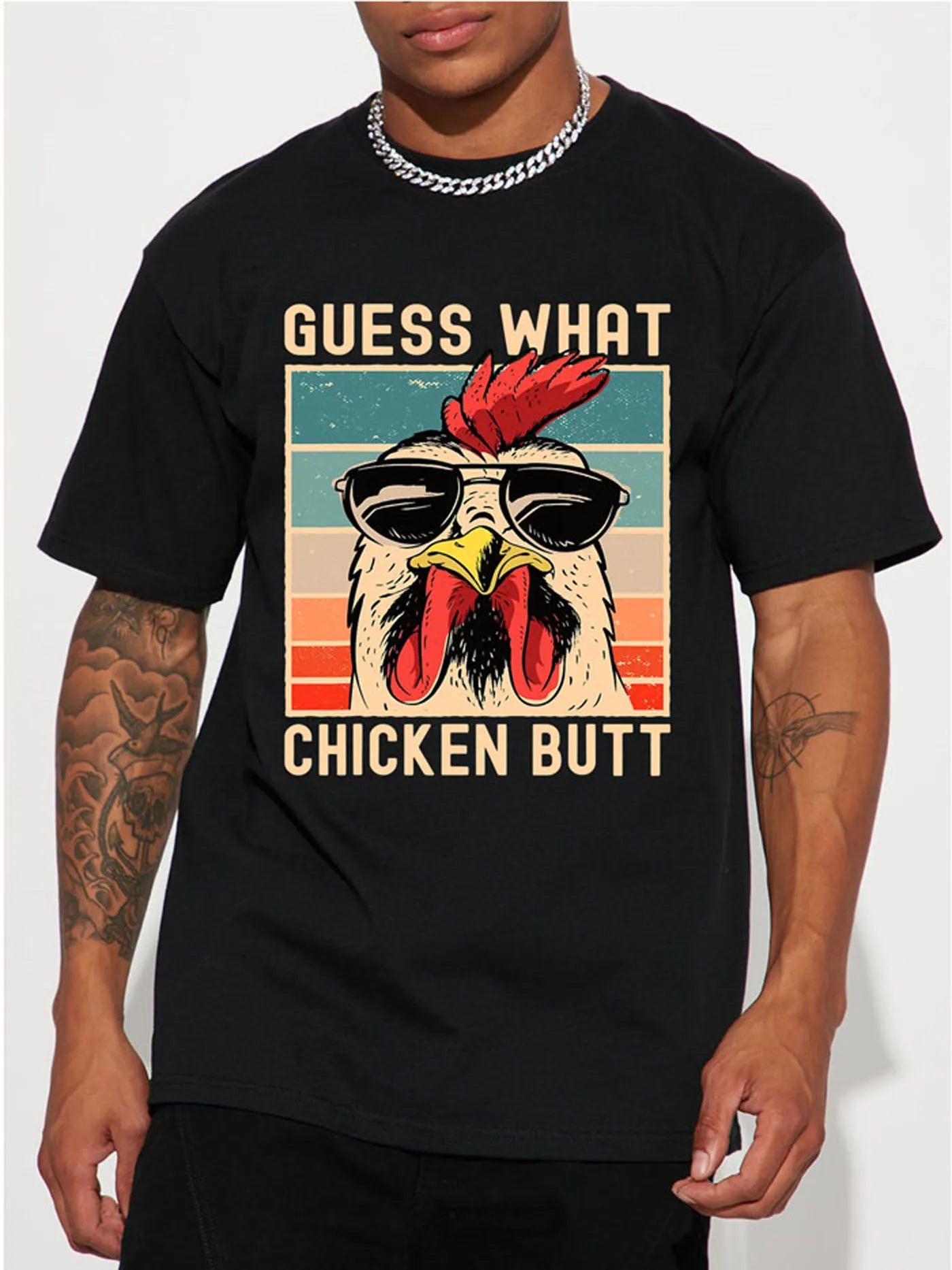 Men's "Guess What Chicken Butt" Graphic T-Shirt - Funny Casual Short Sleeve Summer Tee, Black with Colorful Rooster Design