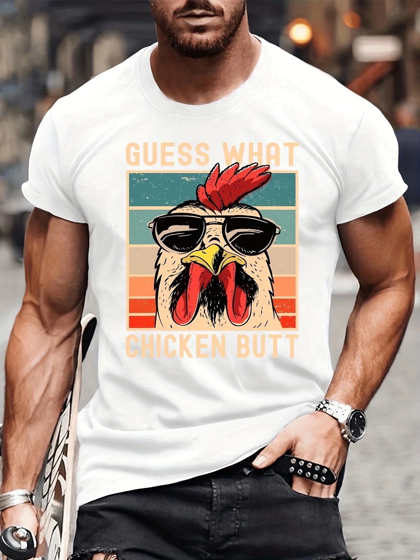Men's "Guess What Chicken Butt" Graphic T-Shirt - Funny Casual Short Sleeve Summer Tee, Black with Colorful Rooster Design