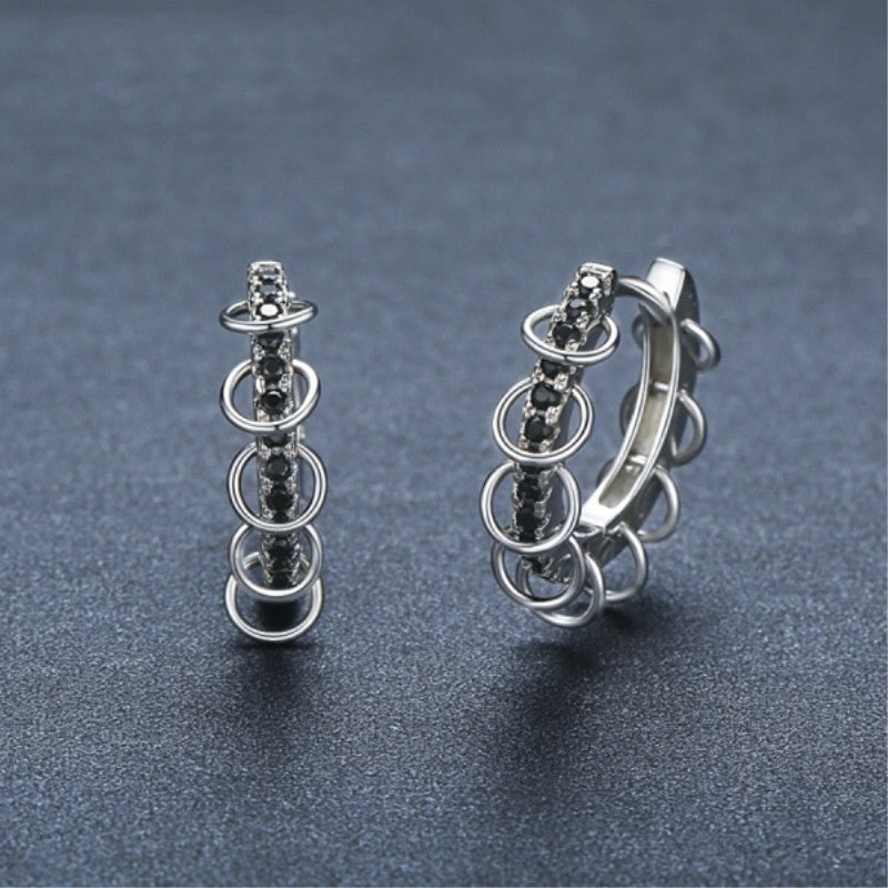 Black Zircon Hoop Earrings – Punk-Inspired Silver Ear Cuffs with Circle Loops