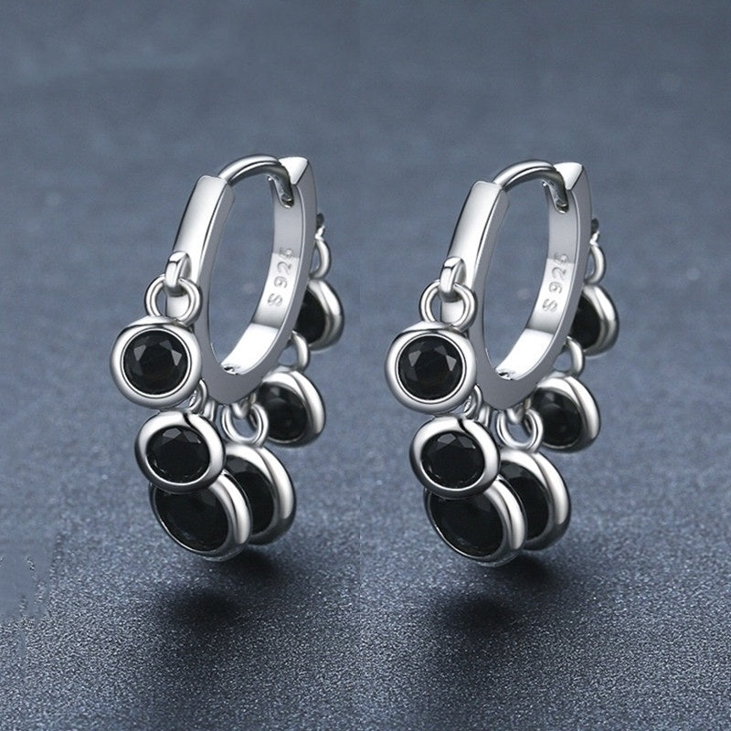 S925 Black Gem Cluster Hoop Earrings – Sterling Silver Dangle Charms (Unisex)