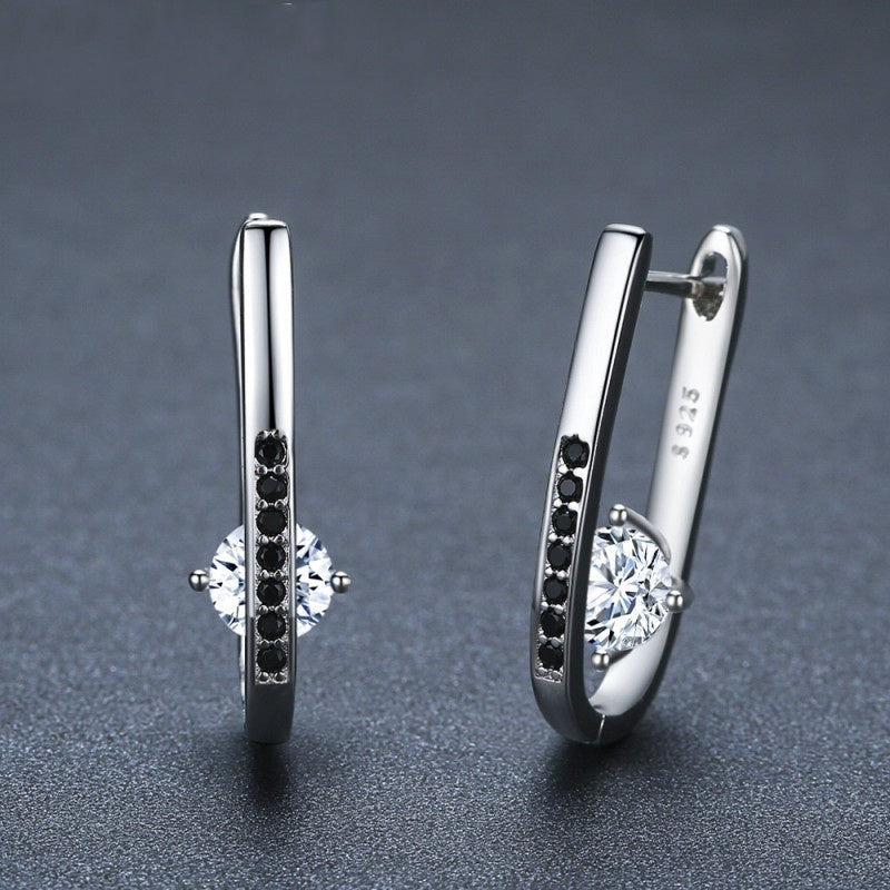 S925 Sterling Silver Earrings – Black Zircon Inlay with White Crystal Centerpiece