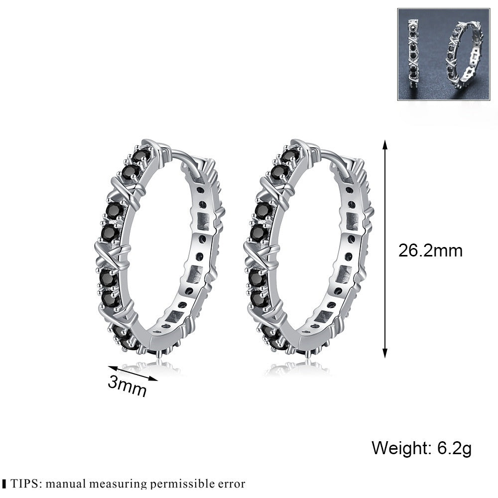 Gothic Barbed Wire Hoop Earrings – Black Crystal Punk Statement Jewelry