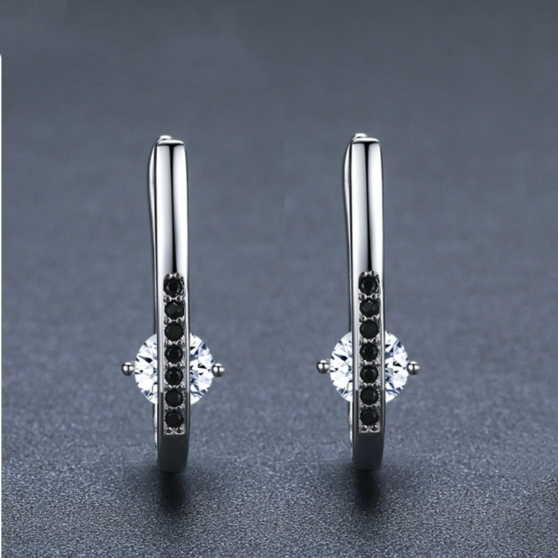 S925 Sterling Silver Earrings – Black Zircon Inlay with White Crystal Centerpiece