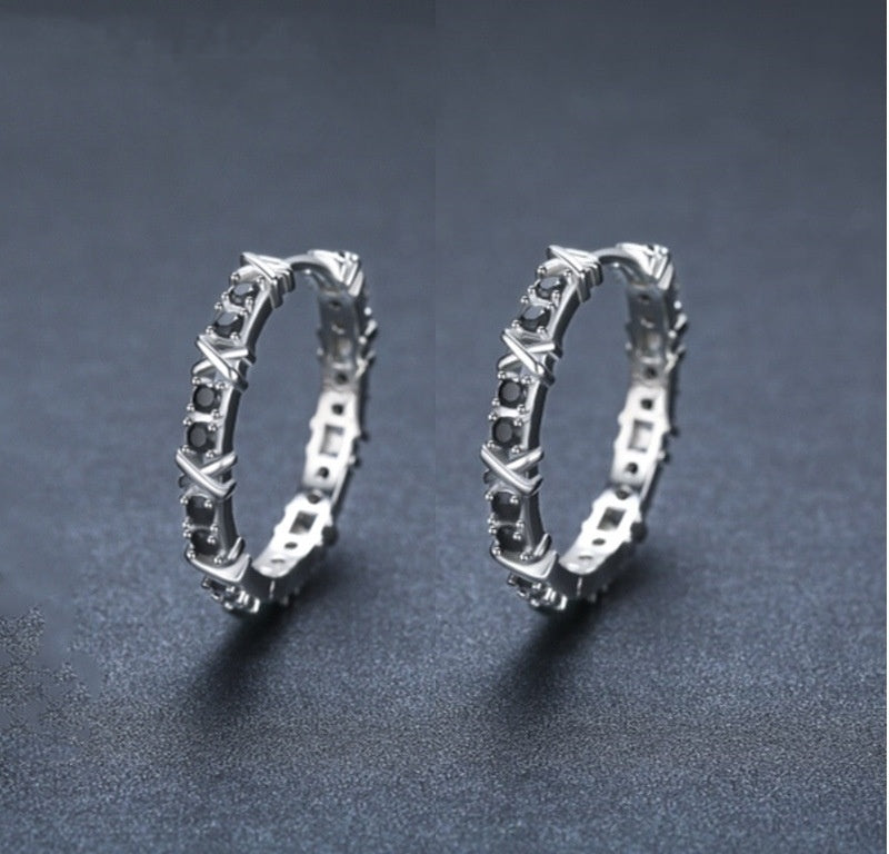 Gothic Barbed Wire Hoop Earrings – Black Crystal Punk Statement Jewelry