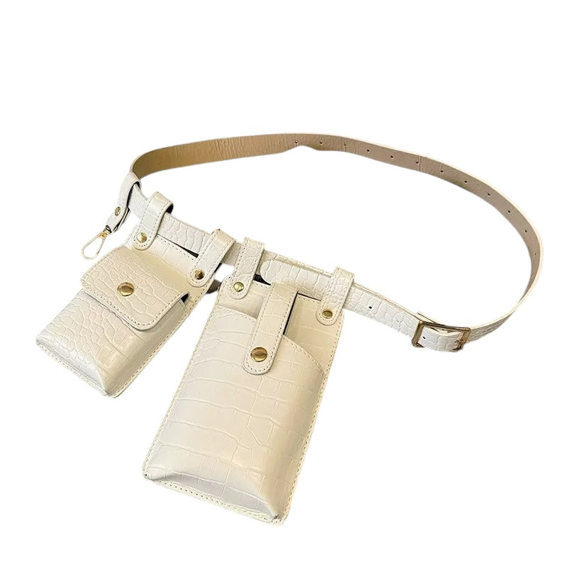 White Croc PU Leather Belt Bag – Multi-Pouch Utility Waist Bag with Gold Hardware