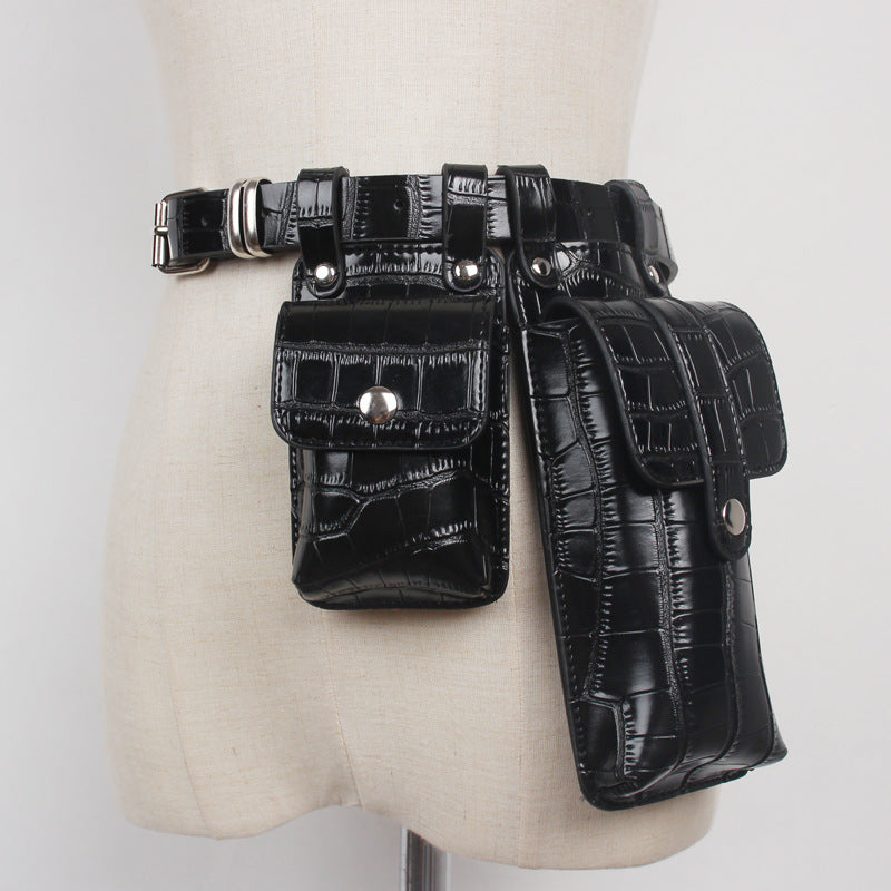 Black Croc PU Utility Belt Bag – Dual Pouch Waist Bag with Silver Hardware
