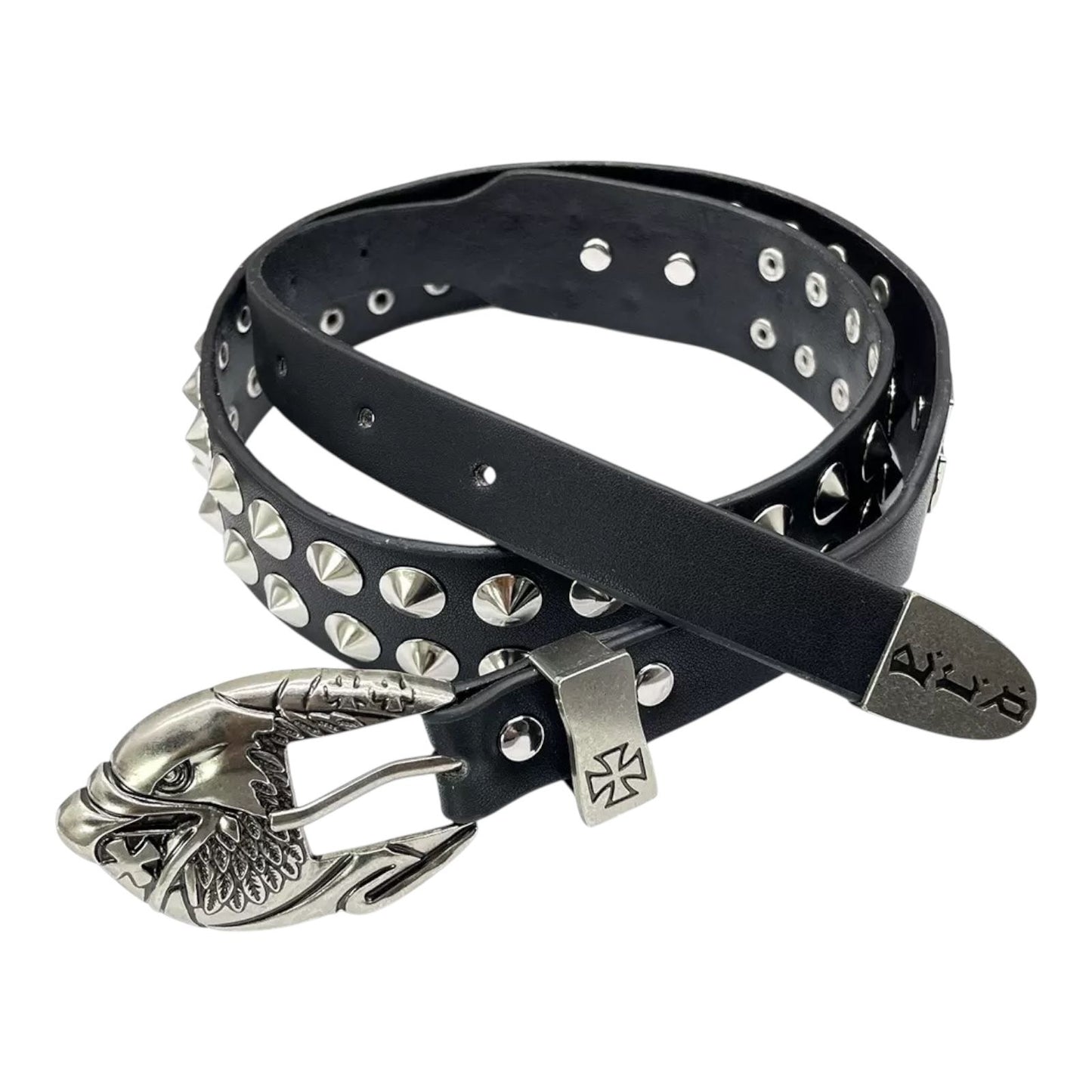 Black PU Studded Punk Belt – Eagle Buckle & Cross Emblem Hardware (Unisex)
