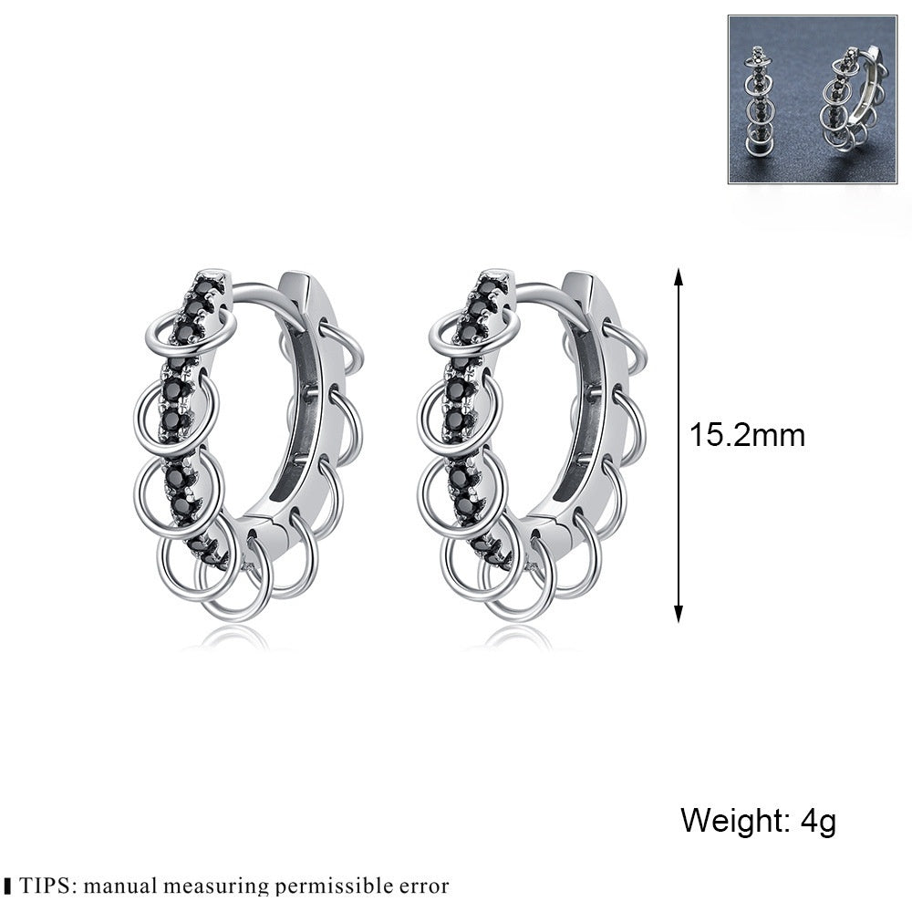 Black Zircon Hoop Earrings – Punk-Inspired Silver Ear Cuffs with Circle Loops