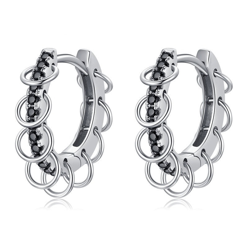 Black Zircon Hoop Earrings – Punk-Inspired Silver Ear Cuffs with Circle Loops