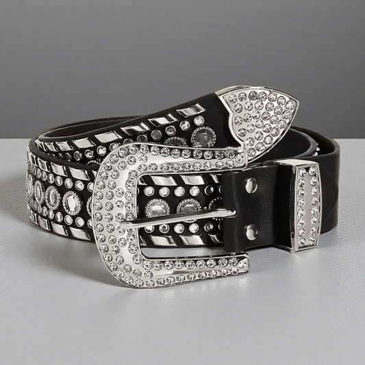 PU Leather Belt Punk Cowboy Women Rhinestone Belt for Pants Jeans Lady Girls black
