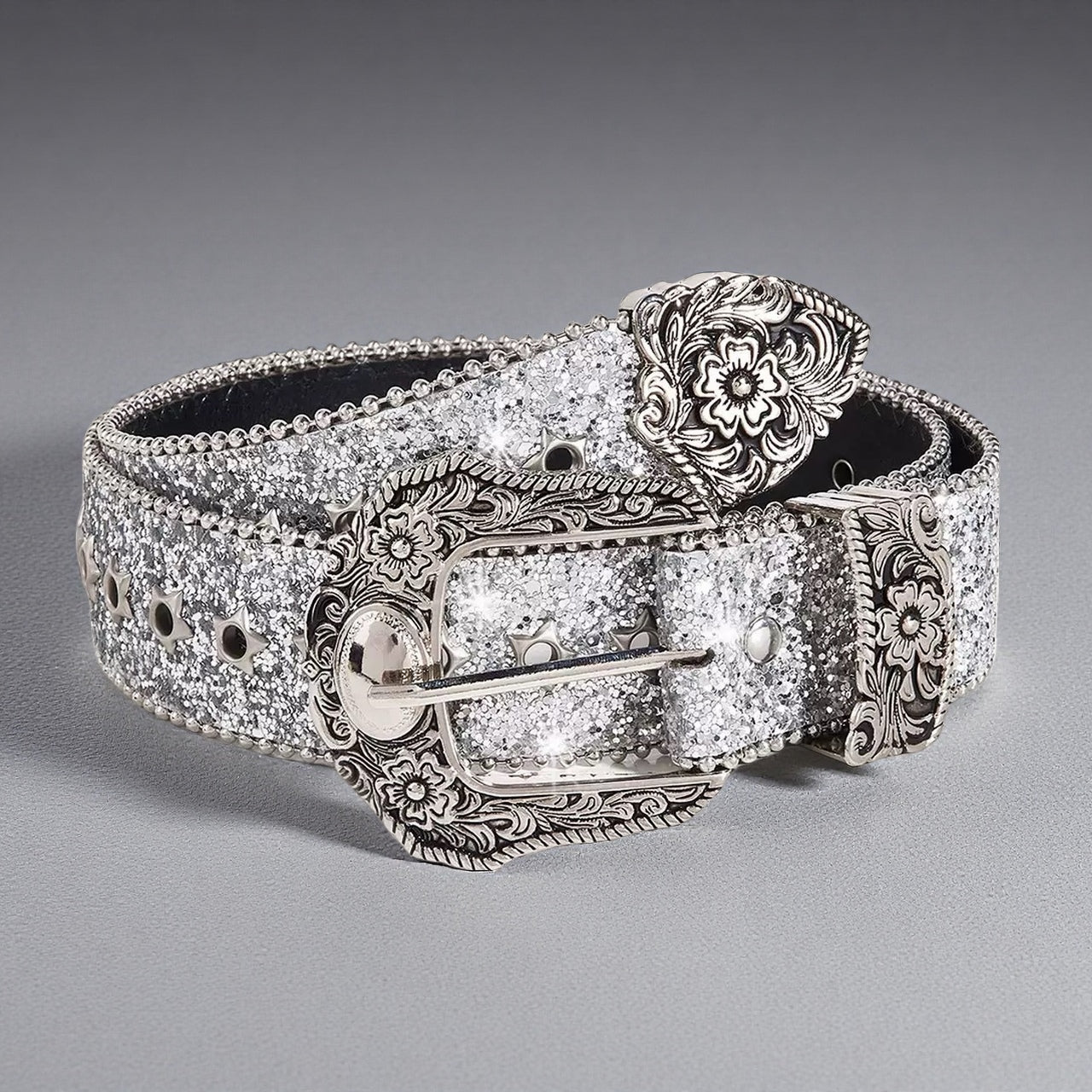 Y2K Rhinestone Western Belt – Unisex Vintage Cowboy Shiny Carved Buckle