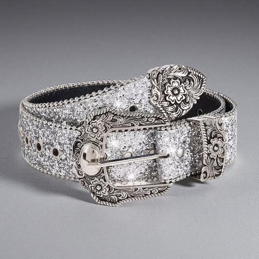 Y2K Rhinestone Western Belt – Unisex Vintage Cowboy Shiny Carved Buckle