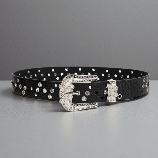Western Rhinestone Belt for Men & Women Black Adjustable Faux Leather with Butterfly Buckle & Star Cutouts for Cowgirl & Y2K Fashion PU Leather Easy to Use Cuttable Design Perfect Length Gift Idea