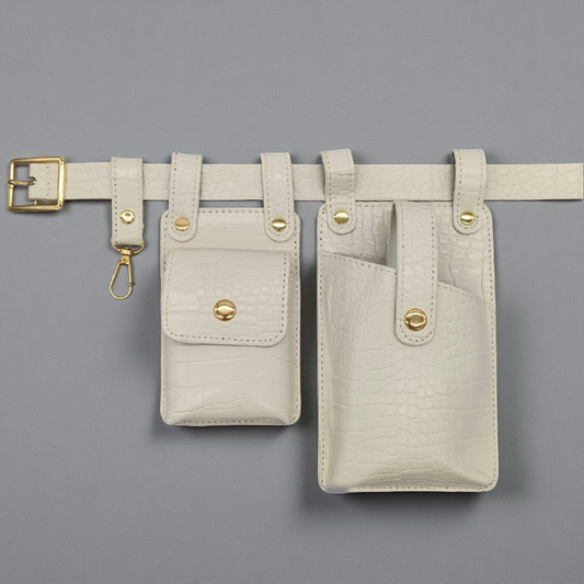 White Croc PU Leather Belt Bag – Multi-Pouch Utility Waist Bag with Gold Hardware