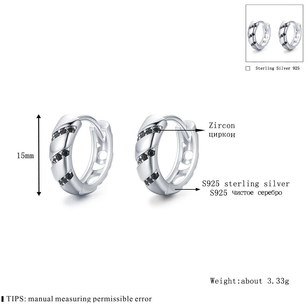 Black Zircon Stripe Hoop Earrings – Polished Silver Huggie Style (Unisex)