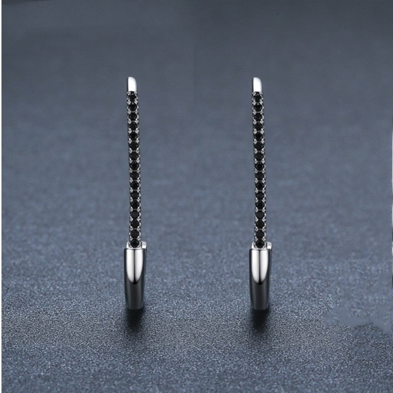 Black Zircon Safety Pin Earrings – Punk-Inspired Drop Hoops (Unisex)