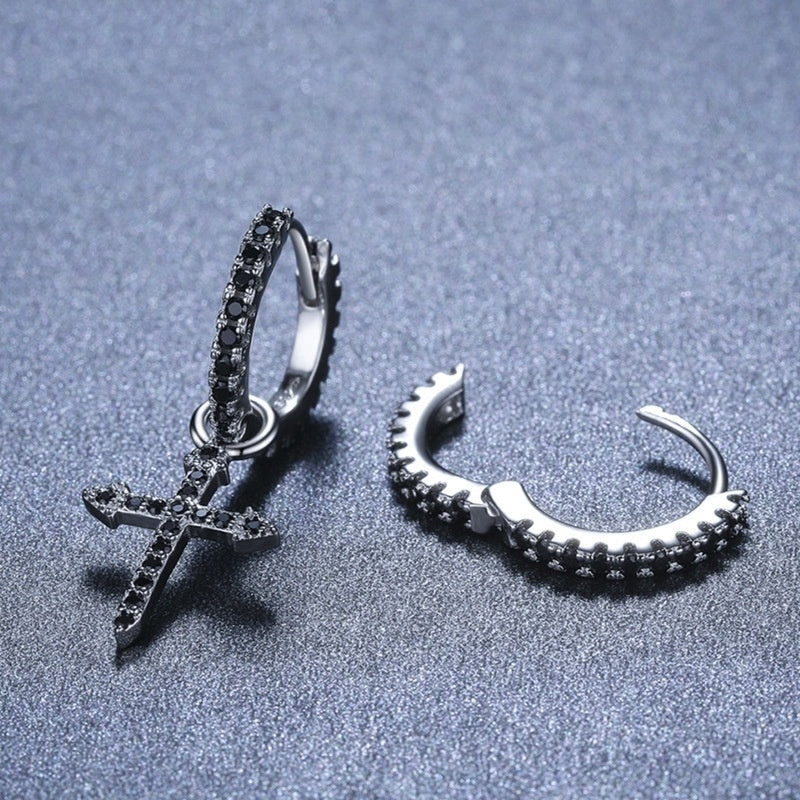 S925 Black Zircon Cross Dangle Earrings – Sterling Silver Punk Huggie Hoops (Unisex)