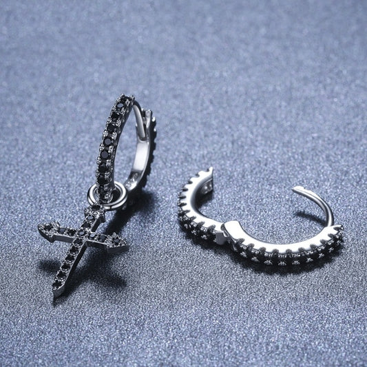 S925 Black Zircon Cross Dangle Earrings – Sterling Silver Punk Huggie Hoops (Unisex)