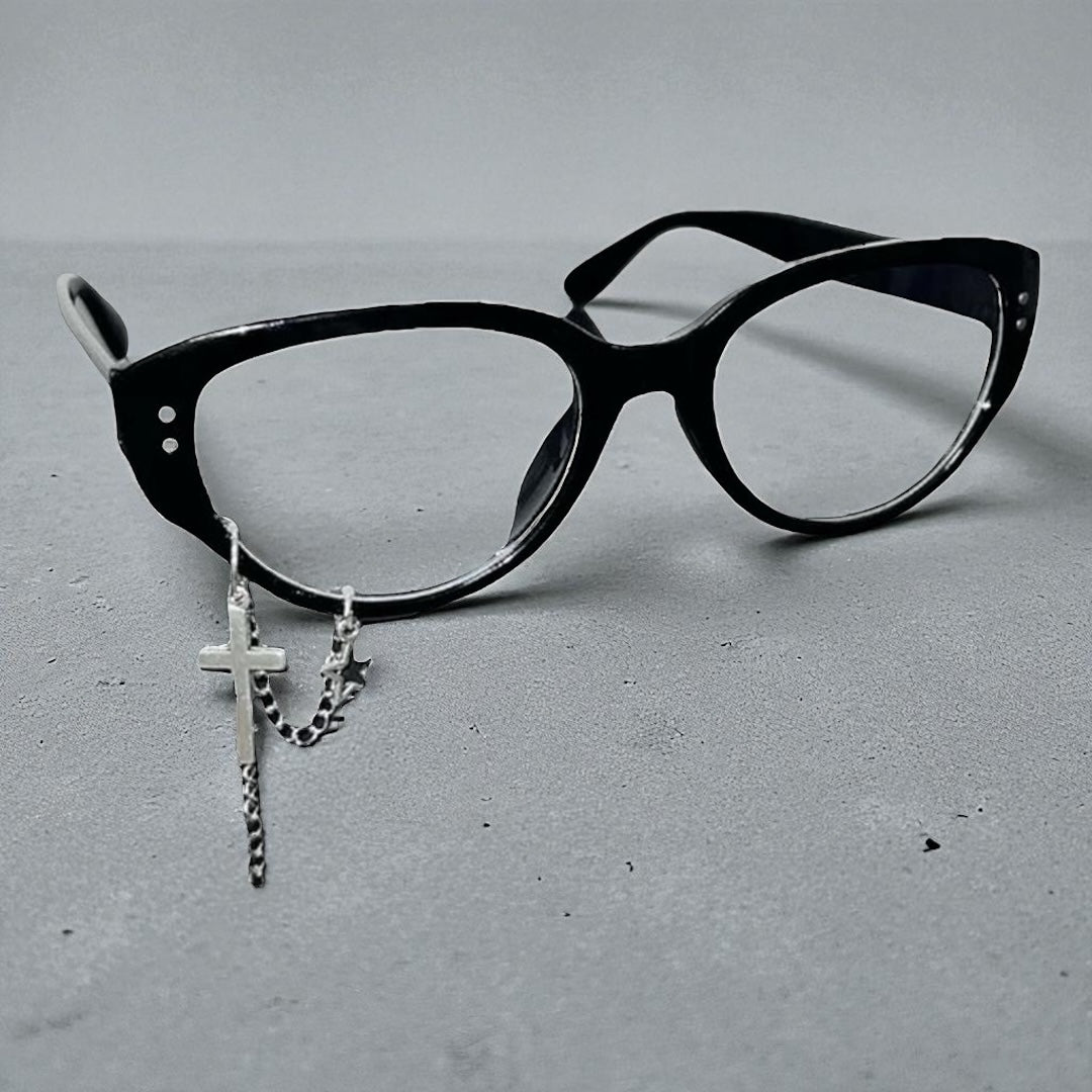 Cat Eye Glasses for Women - Punk, Y2K, and Egirl Fashion Eyewear with Charm Chain - Non-Lensless Goth Sunglasses