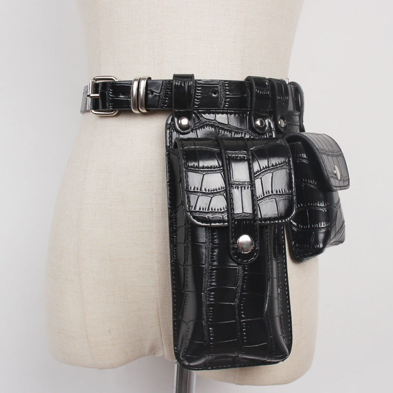 Black Croc PU Utility Belt Bag – Dual Pouch Waist Bag with Silver Hardware