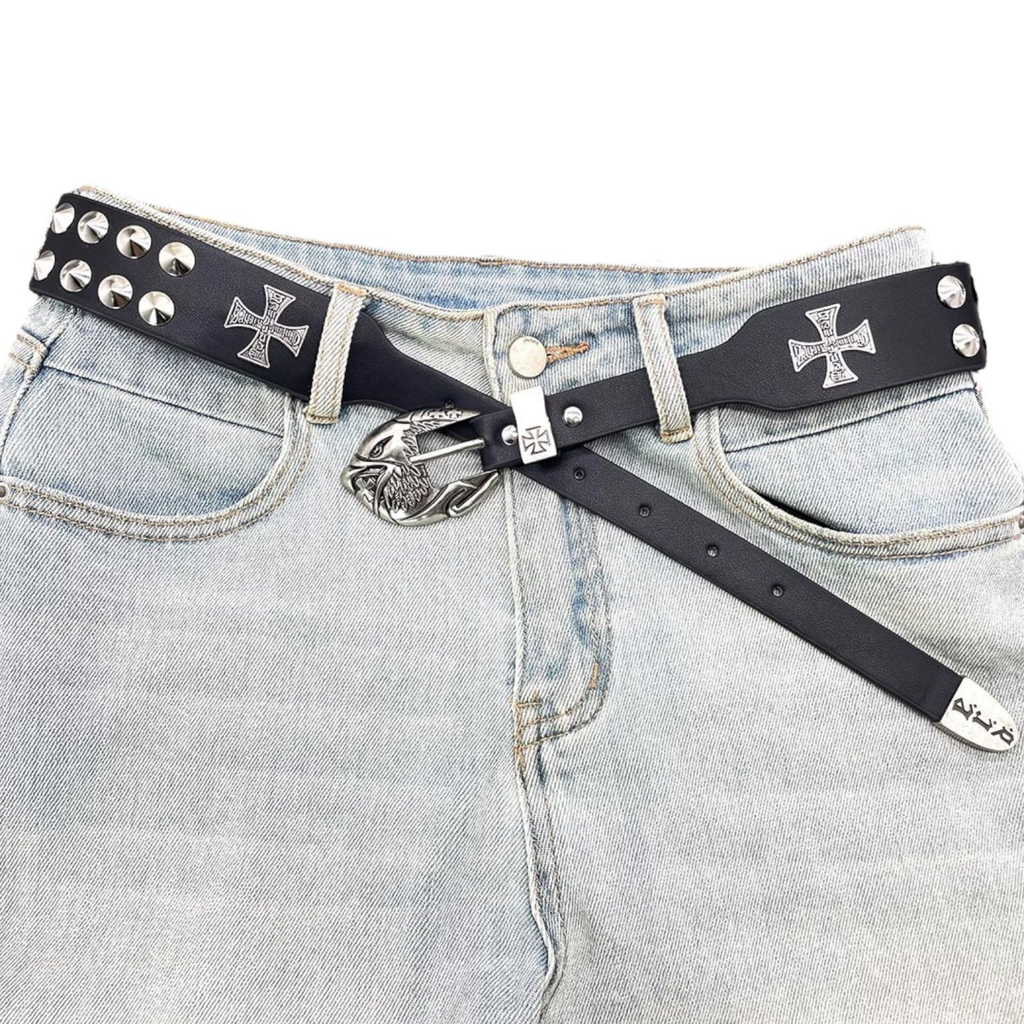 Black PU Studded Punk Belt – Eagle Buckle & Cross Emblem Hardware (Unisex)