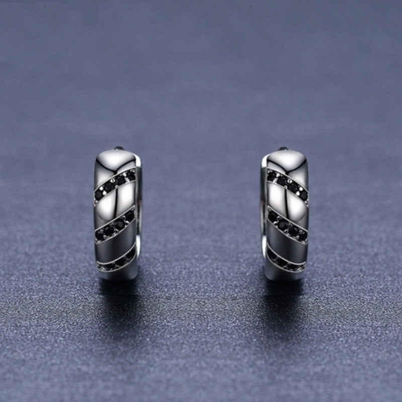 Black Zircon Stripe Hoop Earrings – Polished Silver Huggie Style (Unisex)