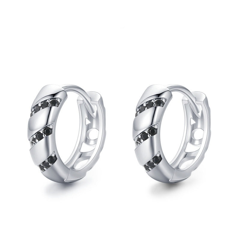 Black Zircon Stripe Hoop Earrings – Polished Silver Huggie Style (Unisex)