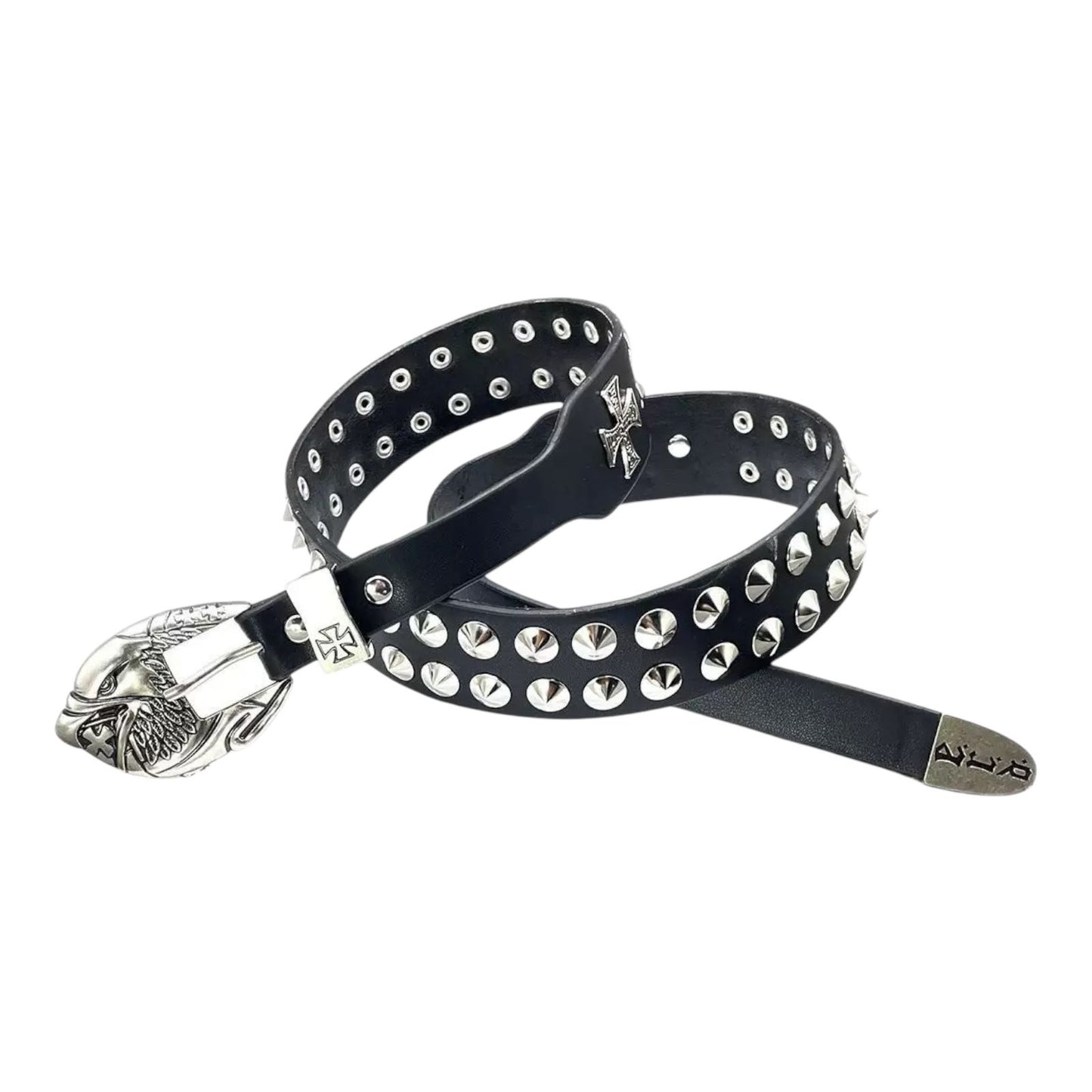 Black PU Studded Punk Belt – Eagle Buckle & Cross Emblem Hardware (Unisex)