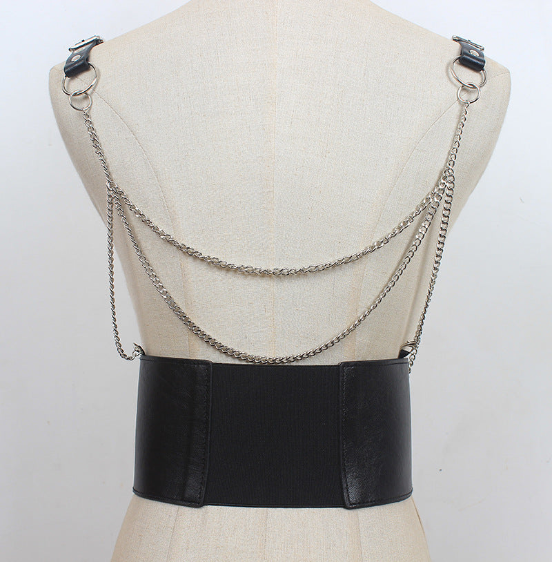 Gothic PU Leather Harness Belt with Chains – Adjustable Double Buckle Waist Corset and Shoulder Straps